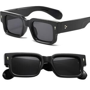 Chunky Square Sunglasses Black Frame with Rivet Detail Dark Lenses Style